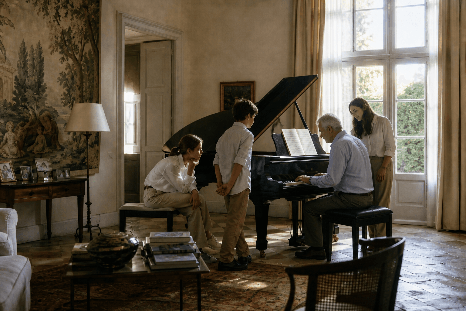 A family gathered around a grand piano in a luxurious villa living room. An elder plays while a child watches their hands.